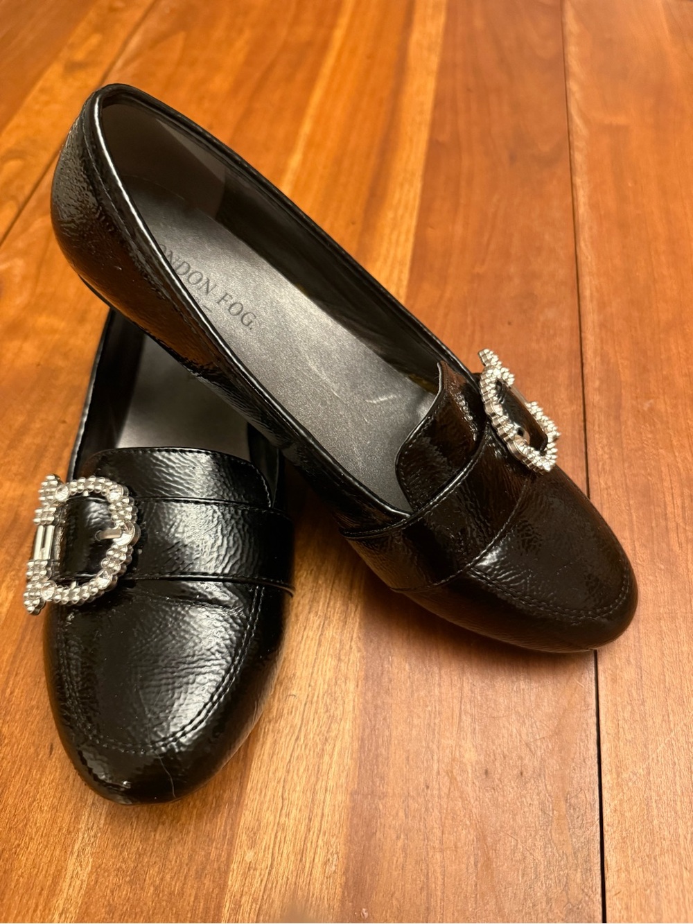 London Fog 6.5 Black Patent Loafers with Rhinestone Buckle
